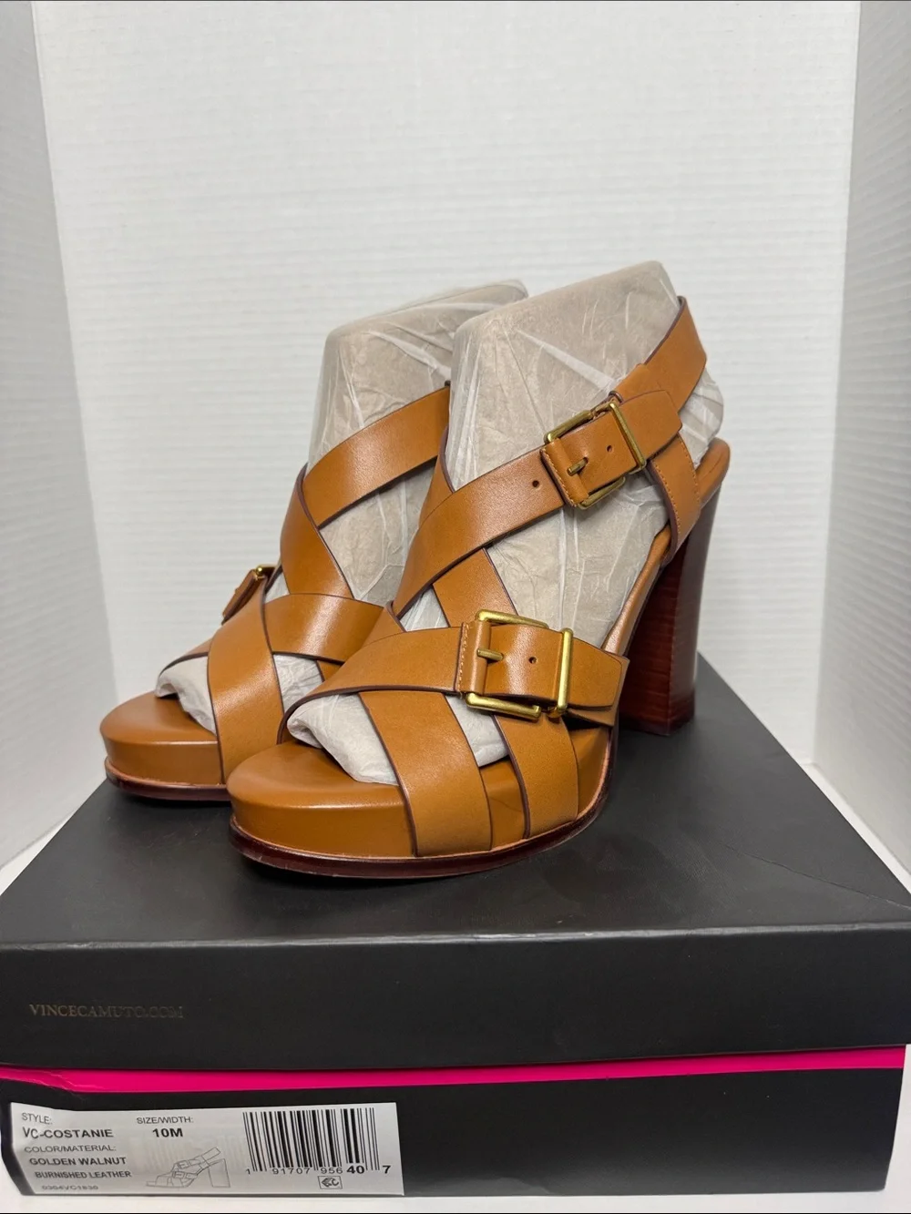 Vince Camuto Walnut Leather Buckle Platform Heels Costanie
